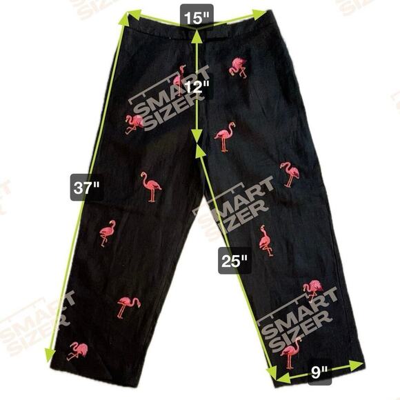Deane & White 100% Linen Crop Black Pink Flamingo Embroidered Pants NWT Size 10 - Picture 3 of 8